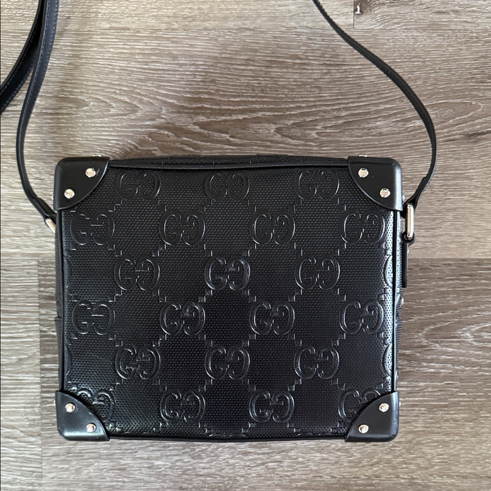 GUCCI Black GG EMBOSSED LEATHER SQUARE Perforated Crossbody